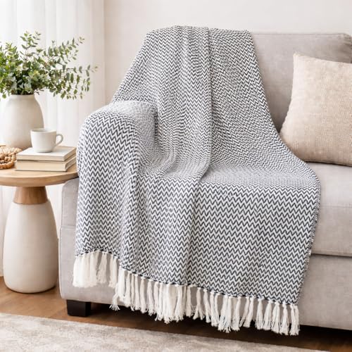 Image of Chevron 78x60 Inch Reversible Cotton Throw Blanket with Tassels| Blanket for Living Room, Sofa, Bed, Chair, Picnic & Used for Gift | Black Narrow Chevron, Size - 200x150 Cm