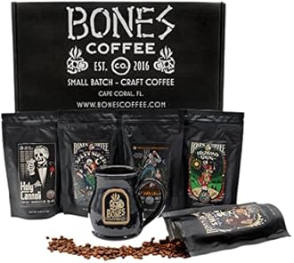 Bones Coffee Company Favorite Flavors Sample Pack Box Set with Specialty Coffee Mug, 5 Assorted Single-Origin Low Acid Medium Roast Arabica Beans Flavored Coffee Gifts, 4 oz Pack of 5 Whole Bean