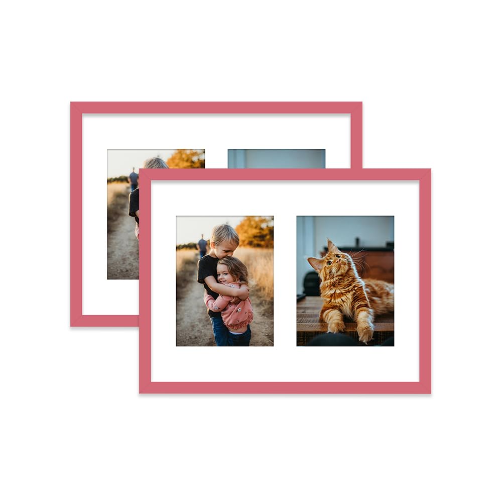 Pink Multi Photo Frame - Holds 2 x 8x6 Pictures, Family Collage Picture Frame for Wall Display, 16x12 Frame size, Set of 2
