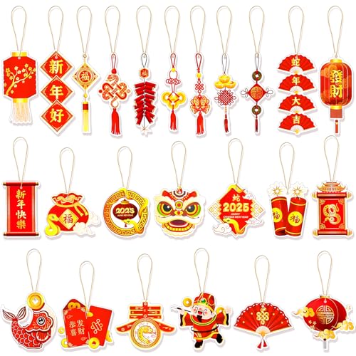 HOWAF 48pcs Chinese New Year Decorations Chinese New Year Hanging Ornament Set, Good Luck Red Lanterns Red Envelope Paper Fans for 2025 Year of The Snake Tree Ornaments, Spring Festival Ornaments