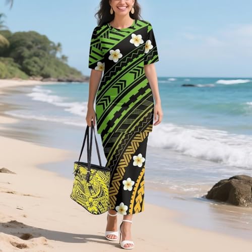 Image of Puletasi Samoan Traditional 2 Piece Outfits for Women Short Sleeve Crop Top and Maxi Skirt Sets Puletasi Dress