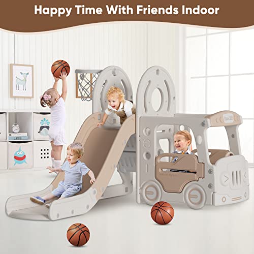 Ymymggi Toddler Slide, Indoor Slide Playground For Kids, Outdoor Slide Toddlers Climber And Slide Set With Bus Playhouse And Basketball Hoop, 4-In-1 Slide For Toddlers Age 12 Month +(Coffee) #TOP6