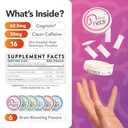 Image of Nectr Energy Nootropic Pouches - Berry Blast Flavored, Caffeine Pouches with Cognizin Citicoline. Sugar-Free Brain Treats. Smooth, Sustained Focus & Energy Supplement - 5 Pucks of 16pcs