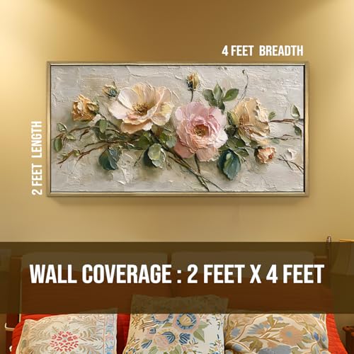 Image of PAPER PLANE DESIGN Big Size Wall Painting for Living Room Floral 2x4 Ft (D) | Long horizontal canvas for the wall above a sofa or bed, framed and ready to hang