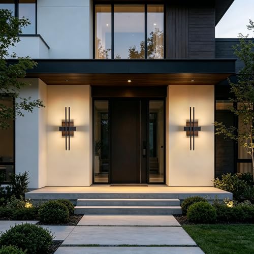 Image of Outside Light 2 Pack, 15Inch Small Black Outdoor Wall Sconce Waterproof Exterior Light Fixture, Modern Wall Mount, Decorative LED Lighting for Patio Garage Yard Backyard Apartment Balcony