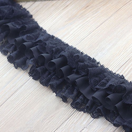3-3/4" Wide Pleated Chiffon Lace Trims Ruffled Lace Trims For Clothing Sewing Diy Craft Supply (Black-2Yard) #TOP3