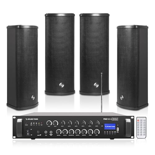 Sound Town Commercial Restaurant Bluetooth Amplifier + Column Speaker Set, with One 6-Zone 70V/100V Amplifier with Bluetooth, 4 x All-Weather Dual 5-Inch Column Speakers, Black (PAC180X4CL25B)