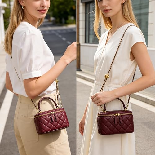 Image of DORIS&JACKY Small Quilted Box Crossbody Purse For Women, Designer Lambskin Leather Mini Top Handle Tote Bag With Chain Strap