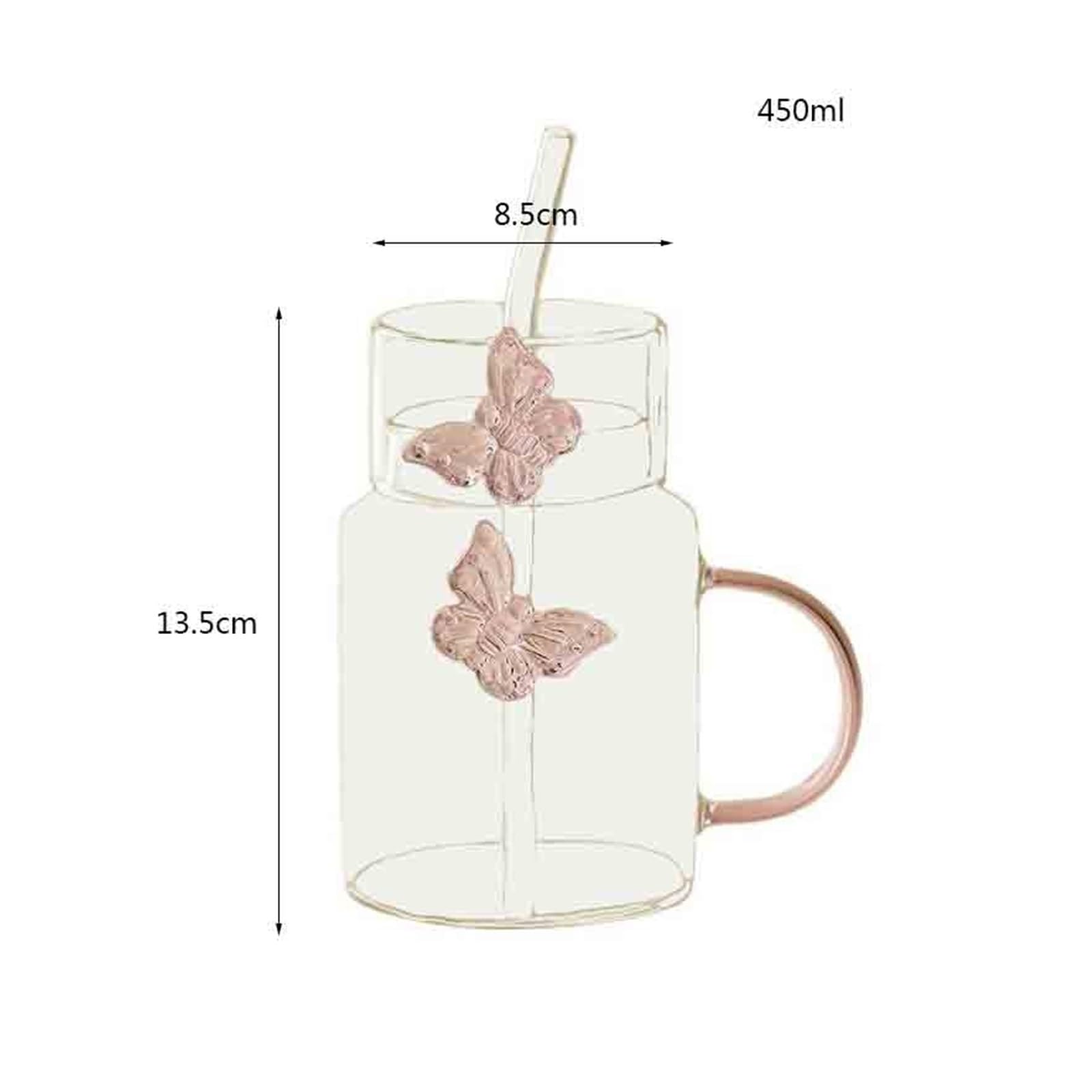 Verres à boire Verres transparents avec papillon rose en 3D, 44 cl (15 oz), verre borosilicate, couvercle et paille, for boissons chaudes ou froides Gobelets en verre
