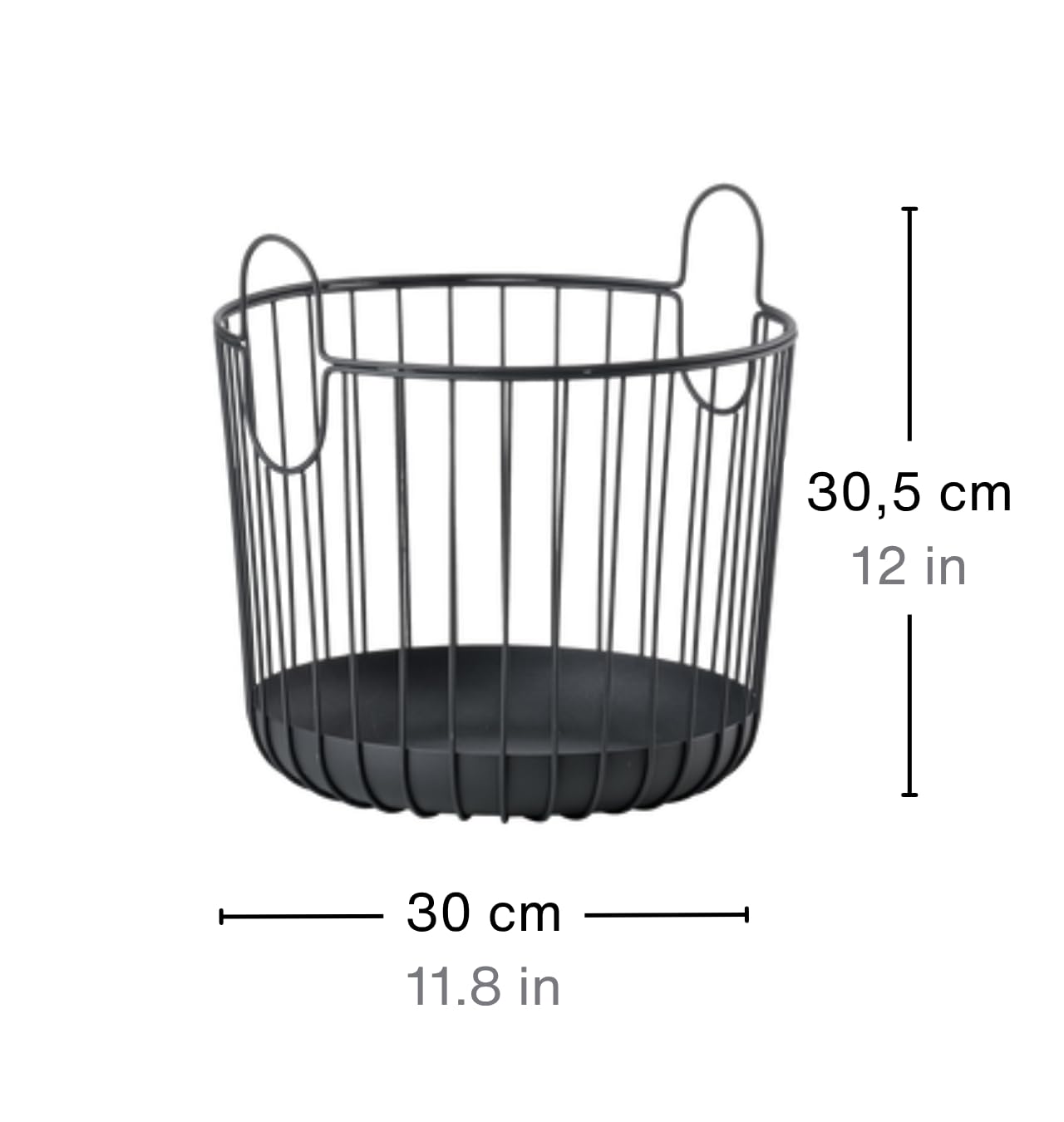 Zone Denmark Inu Korb mit Griffen aus Metall, Aufbewahrungskorb, Handtuchkorb, Gästehandtuchkorb, Deckenkorb, Rund, Durchm. 30 cm, Höhe 30,5 cm, Schwarz