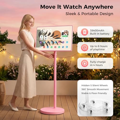 Image of VLH 32 Inch Portable Smart TV on Wheels, 1080P Touchscreen TV with Built-in 38,400mAh Battery, Android 15, 8GB RAM + 128GB Storage, 5MP Camera, Voice Remote for Bedroom, Kitchen, Office(Pink)