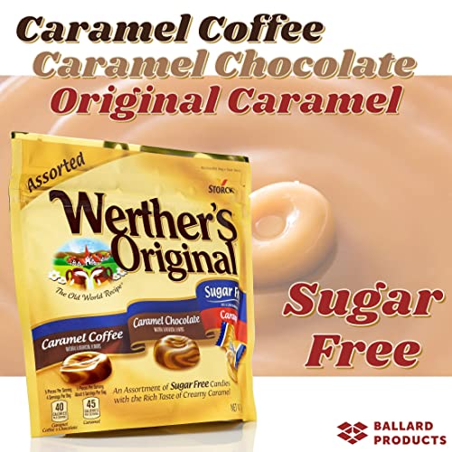 Werther's Original Sugar Free Assorted Candy Pack Of 2 Bags Of Hard Candy (7.7Oz Each) - 3 Flavors: Coffee, Chocolate, Caramel - Bundle With Ballard Products Pocket Bag #TOP1