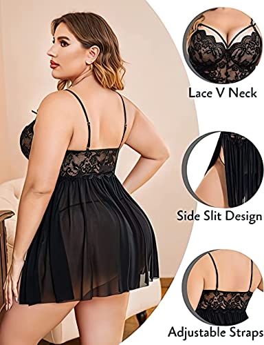 Image of Beautiful Creations Womens Plus Size Lace Floral Knee Length Babydoll Nightwear Set with G-String Panty