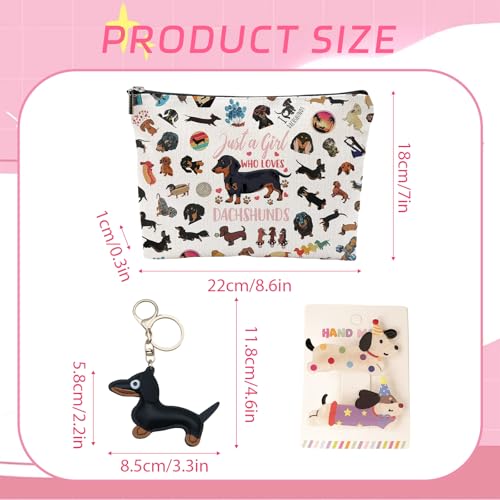 2 Pcs Dackel Geschenke Dackel Tasche Makeup Tasche Mit Reißverschluss Mit 2 Haarspangen Damen und 1 Dackel Schlüsselanhänger Ideal für Tierliebhaber, Großes Fassungsvermögen, Wiederholte Verwendung