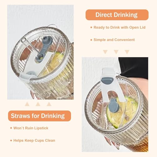 Image of FUNKYFINDS Ribbed Glass Cup with Lid and Straw 600ml, 1 PCS Glass Tumbler with Straw and Lid, Iced Coffee and Tea Cups Drinking Glasses for Juice Milk Water Lemon Soda, Beer Drinking Glasses