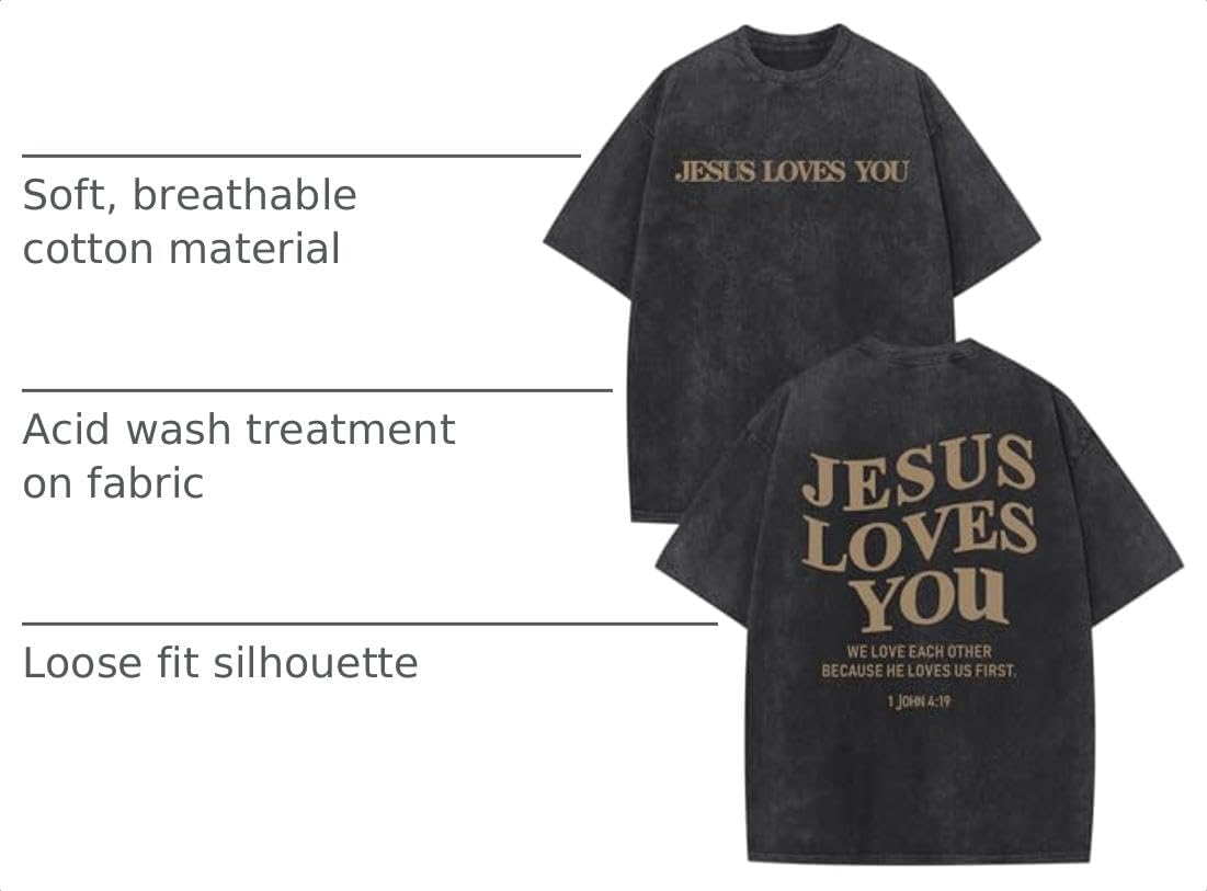 Christian Jesus Loves You Shirts for Men Religious Oversized Graphic Tees Jesus Faith Acid Wash T Shirt God Top image 4