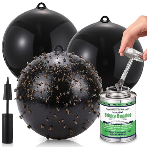Mysora 3 Pcs Large Fly Trap Balls Hanging Fruit Fly Traps Outdoor Adhesive Insect Balls with a Sticky Coating Glue Air Pump Insect Catch Sticky Bug for Farm Orchard Deerflies Mosquito (Black)