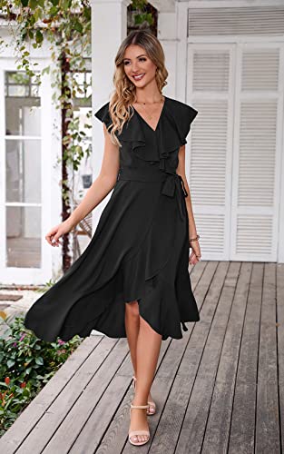 Prettygarden Women's Summer Wrap V Neck Split Party Dress Ruffle Short Sleeve Midi Dress With Belt Casual Long Dresses (Black,Small) #TOP6