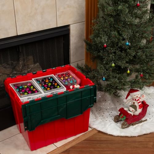 Image of Akro-Mils KeepBox 18 Gallon Storage Container, Nesting and Stackable Plastic Storage Box with Lid Attached, Organizer Tote for Garages, Closets, and Moving, 21 inch x 15 inch x 17 inch, Red /Green