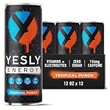 Yesly Energy Drink, Tropical Punch, Naturally Flavored Sparkling Energy Drink With Electrolytes, Magnesium, Potassium, Vitamin C, B6 & B12, Natural Caffeine From Green Tea, 12 Fl Oz Cans, 12 Pack