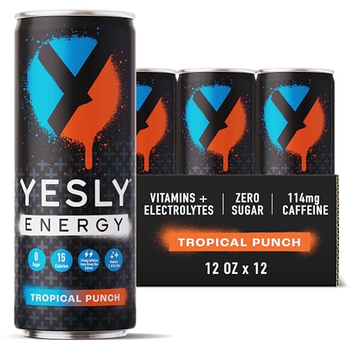 Image of Yesly Energy Drink, Tropical Punch, Naturally Flavored Sparkling Energy Drink With Electrolytes, Magnesium, Potassium, Vitamin C, B6 & B12, Natural Caffeine From Green Tea, 12 Fl Oz Cans, 12 Pack