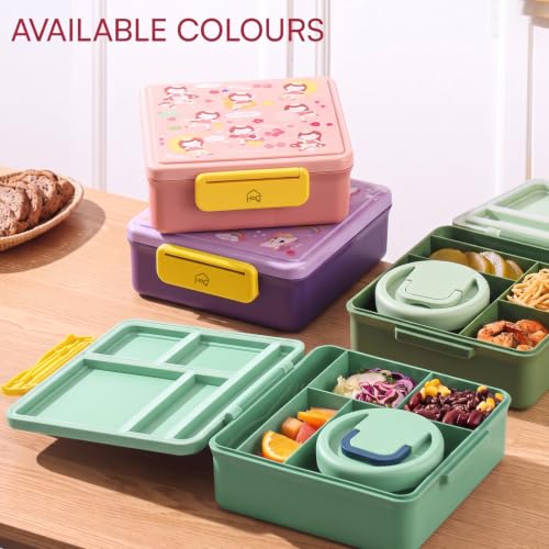 Image of House of Quirk 'NomNom' Dinosaur Print Bento Lunch Box, 1800ml with 300ml Removable Bowl, Microwave Safe Lunch Box with Spoon, Fork & Knife for Kids, School, Office, Picnic & Travel (Green)