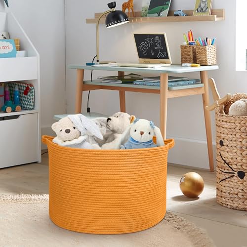 Image of MEGASKET Extra Large Orange Basket, 22 inch X 22 inch X 14 inch Woven Cotton Rope Bins for Blankets, Baby Nursery Wicker Laundry Towel Basket, Kids Dog Toy Storage Box, Big Orange Living Room Decor Organizer