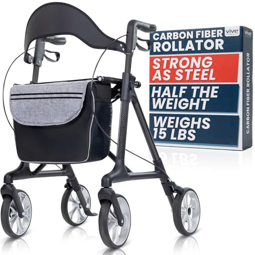 Vive Lightweight Rollator Walker with Seat - Carbon Fiber Frame for Seniors - Stand up Folding Mobility Aid - Height Adjustable, Brakes, Armrest & Storage Bag Accessory - Arrives Pre-Assembled