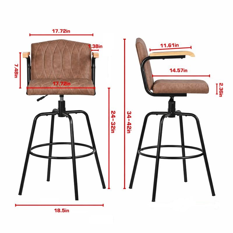 Butacos regulables giratorios VECELO, juego de 2, sillas de bar tapizadas en cuero sintético con respaldo y reposabrazos, estilo moderno con estructura de 4 patas para isla de cocina y bar miniatura 2