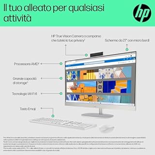 HP 27-cr0007sl All-in-One, Desktop, AMD RYZEN 7 7730U, 16GB RAM DDR4, 512GB SSD NVMe, AMD Radeon Integrata, Display da 27" FHD IPS, Audio Integrato da 2W, Webcam, Windows 11, Non è Touch, Bianco