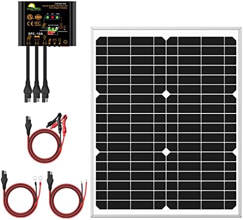SUNER POWER 20 Watts Mono Crystalline 12V Solar Panel Kits - Waterproof 20W Solar Panel + Upgraded 10A Solar Charge Controller + 3-PCS SAE Cable Adapters for Car RV Marine Boat Trailer Off Grid System