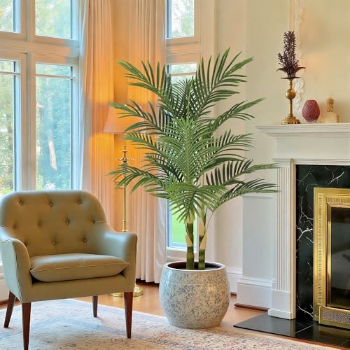 Image of Nafresh 5ft Ultra-Full UV Resistant Fake Golden Cane Palm Tree with Double Trunks, 60in Tall Artificial Palm Tree Indoor Outdoor, Faux Palm Plant for Living Room Home Office Patio Garden Decor
