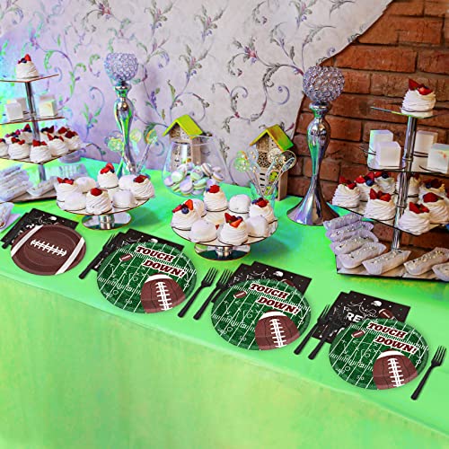 Image of 96 Pieces Football Tableware Set 24 Guests for Football Birthday Table Decorations Supplies Touchdown Football Game Day Party Dessert Plates Napkins Forks Birthday Party Favors