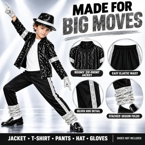 ADJSYDD Kids Dance Star Halloween Costume Boys Black Sequin 80s Pop Stage Outfits 4-5T - image 4