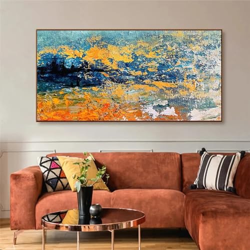 Peinture abstraite bleu et jaune pour grand mur de salon moderne