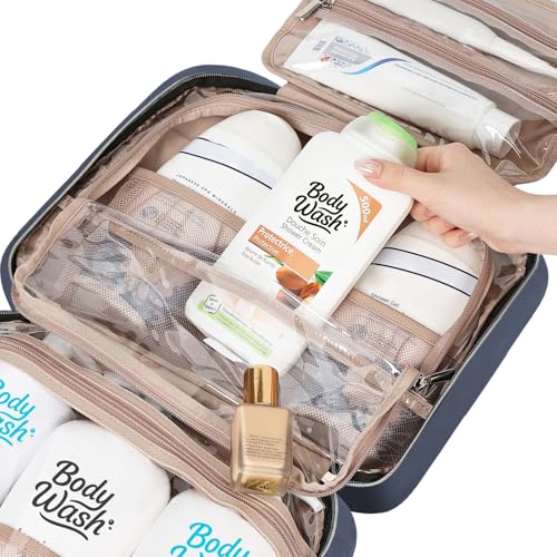 Image of NISHEL Travel Toiletry Bag for women, Portable Hanging Organizer for Family-Sized Shampoo, Conditioner, Brushes Set, Makeup Accessories, Extra Large Size, Aegean-Blue