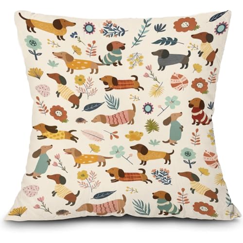 Vexilon Dackel Kissenbezuge 45×45 cm, Weißes Leinenmaterial Dekorative Sofakissenbezüge, Cartoon Kissenbezug für Couch Wohnzimmer Schlafzimmer, Dackel Geschenke für Hundeliebhaber