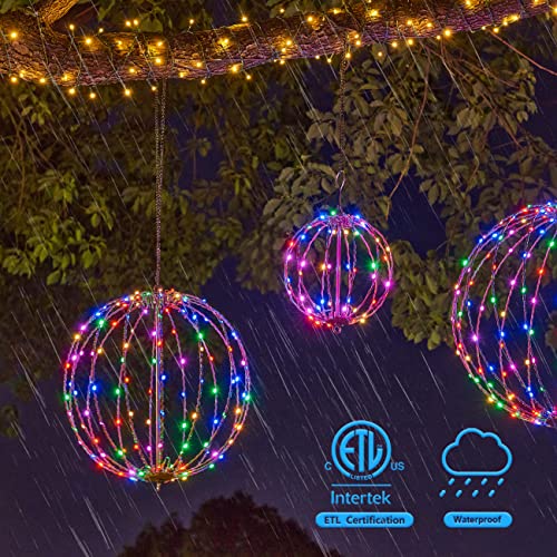 Image of Christmas Ball Sphere, 16IN 128LED Hanging Tree and Pathway Light With Hook and Stake, Foldable Metal Frame Ball for Outdoor Garden, UL Listed, Brown Frame, RGB