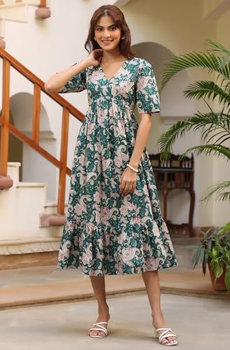 Image of Janasya Women's Pure Cotton Floral Printed Tiered Dress