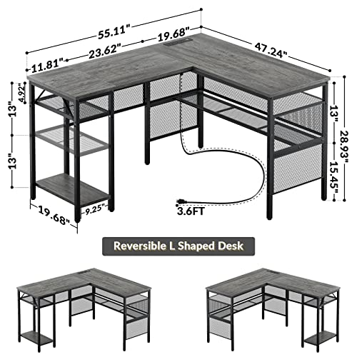 Unikito L Shaped Computer Desk With Usb Charging Port And Power Outlet, Reversible L-Shaped Corner Desk With Storage Shelves, Industrial 2 Person Long Gaming Table Modern Home Office Desk, Black Oak #TOP2