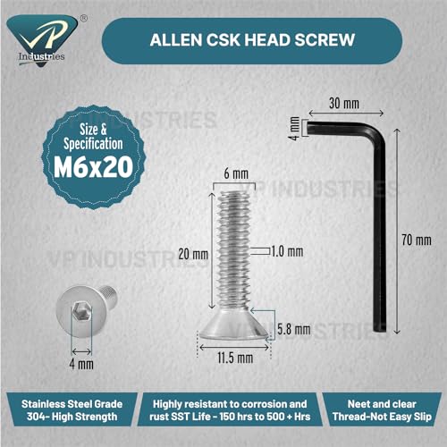 Image of Rely⇒VP INDUSTRIES (Pcs-25) M6x20 mm CSK Allen Head Screw Stainless Steel | Countersunk Allen Head Bolt with Allen Key 1 pc Free | Allen Key CSK Head Machine Screws