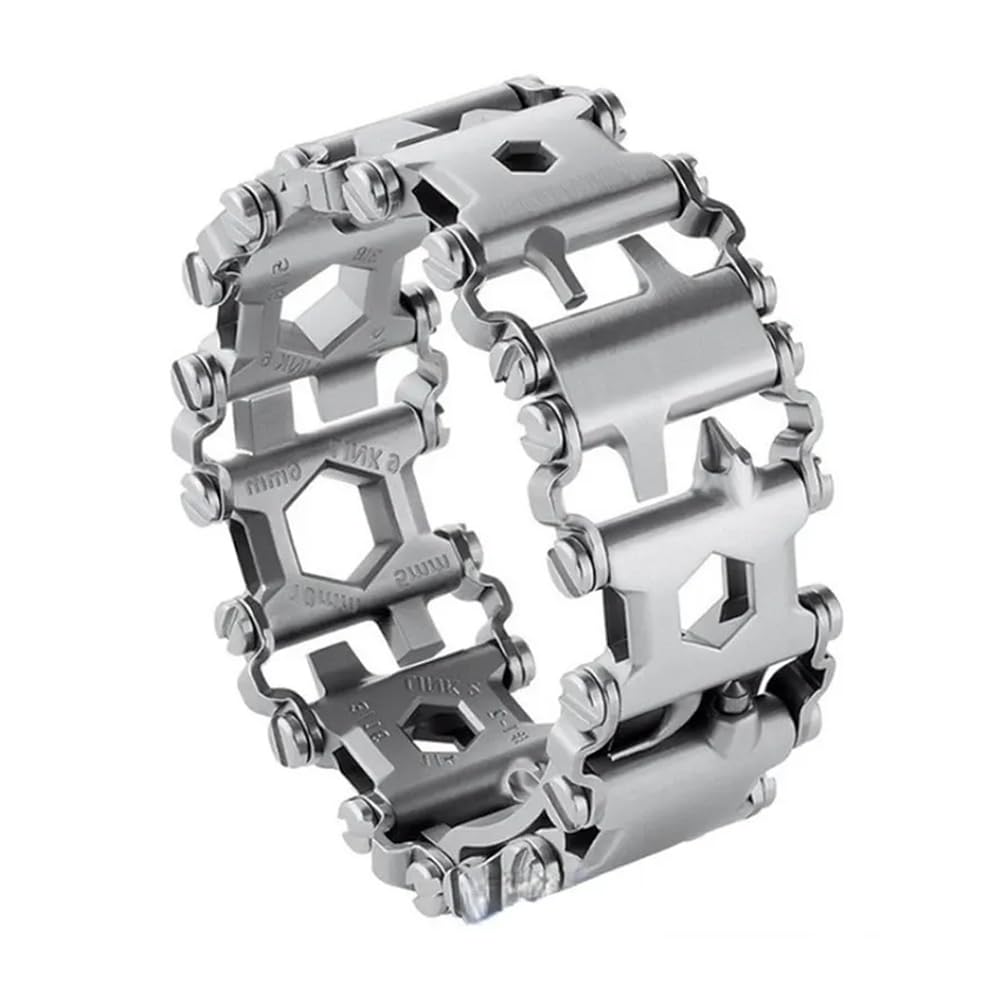 Bracelet multifonction pour Homme – Bracelet multifonction 29 en 1 en Acier inoxydable, adapté aux Voyages, adapté pour la Voile, le Camping, la randonnée – Argent, 21 cm