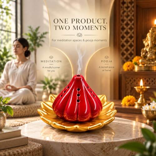 Image of SIGNAMIO Ceramic Sambrani Dhoop Doopam Dhupam Stand Holder - Gold Red