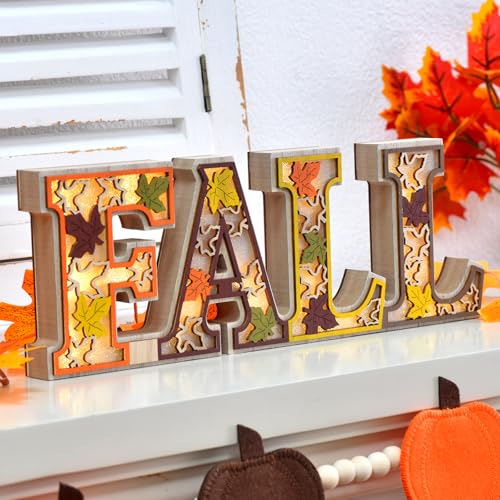 Lighted Fall Table Decoration, Rustic Wooden FALL Decor Sign with 3D LED Maple Leaves, Thanksgiving Table Centerpiece, Harvest Autumn Home Decorations for Desk Office (Orange-grey)