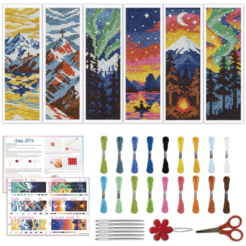 Image of ACRNIGHEET 6PCS Cross Stitch Bookmark Kit for Beginner Stamped Cross Stitch Kits for Adults Nordic Landscapes DIY Embroidery Bookmark Kits Needlepoint Kit with Instructions Craft Gift 8.5''x3'' 11CT