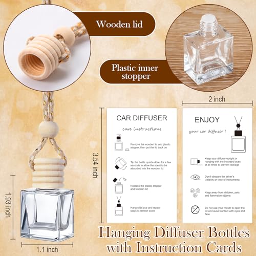 Image of Boao 25 Sets Hanging Car Air Freshener Diffuser Bottles Empty Bulk with Car Diffuser Instruction Cards Organza Bags Glass Refillable Essential Oil Fragrance Aromatherapy Pendant (Flat Square,Clear)