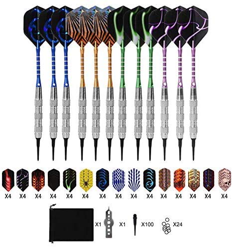 Lot de 12 fléchettes professionnelles à pointe en acier, 18 g, avec tiges en aluminium, comprend 15 ailettes style + 24 anneaux en caoutchouc en forme Cover