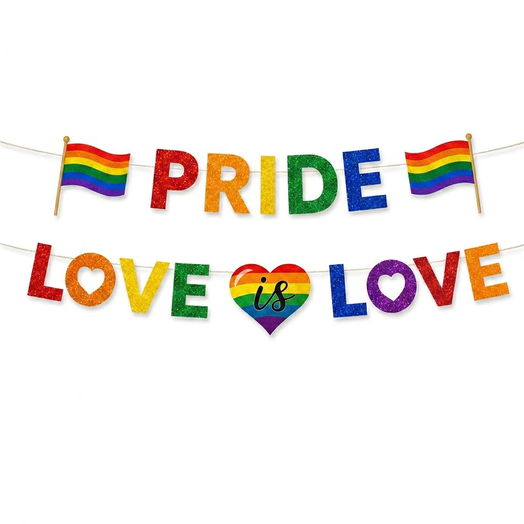 1 Pcs Rainbow Pride Bunting Banner, Gay Pride Party Decorations, LGBT Glitter Bunting for Pride Month Party Celebration Outdoor Bar Street Parade Carnival Home Decorations