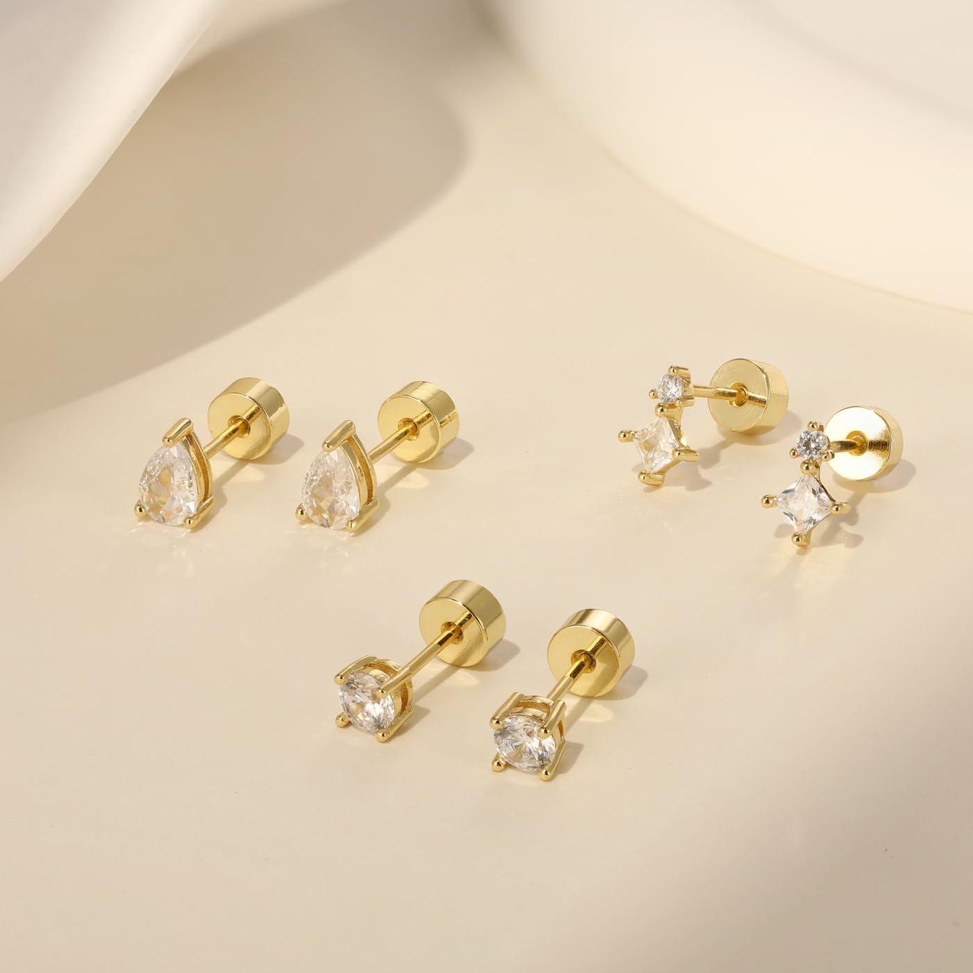 Angelady Flat Back Earrings Set for Women, Sterling Silver Flat Back Stud Earring Hypoallergenic Earrings, Dainty Gold Cartilage Earring Helix Piercing Jewelry for Women 3 Pairs - Image 5