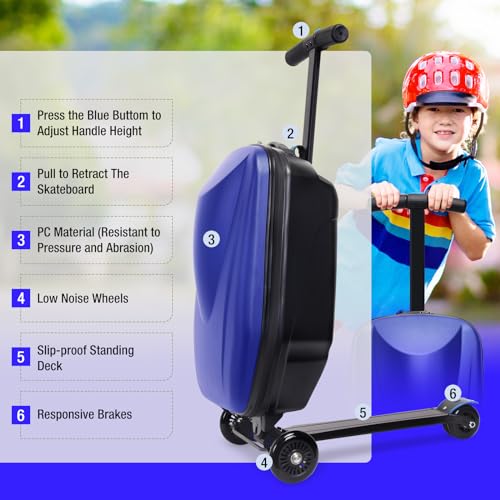 20" Scooter Suitcase for Kids, 2-in-1 Ride On Luggage with Wheels for Boys & Girls Ages 4-15, Foldable Hardshell Carry On Lightweight Travel Suitcase for Airplane